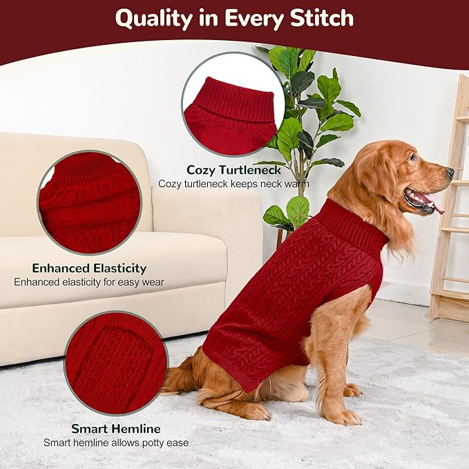 2 Pack Dog Sweaters for Large Dogs Winter Turtleneck Pullover Cable Knit Fleece Stretch Pitbull Labrador Golden Retriever Doberman Bulldog Boy Girl Pet Clothes (XXL, Red & Green)