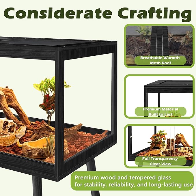PROLEE Bearded Dragon Tank with Leg, 30 Gallon Tempered Glass Lizard Tank, Reptile Enclosure with Metal Mesh and Lockable Door, Reptile Tank for Snakes,Chameleon (Black, 24x15.5x15.5 Inch)