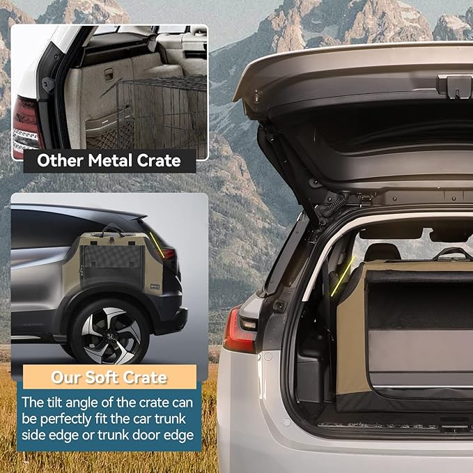 PETSFIT Travel Dog Crate, Soft Dog Crate - 24 Inch Sturdy Adjustable Structure, Easy to Set Up, Portable Dog Kennel for Car, Light Tough with 3 Mesh Doors, Army Green