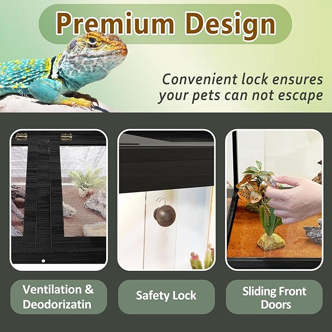 PROLEE Reptile Enclosure with Leg, 82 Gallons Bearded Dragon Tank, Tempered Glass Lizard Tank with Metal Mesh Tops and Lockable Door, Spacious Reptile Habitat for Snake,Lizard (Black)