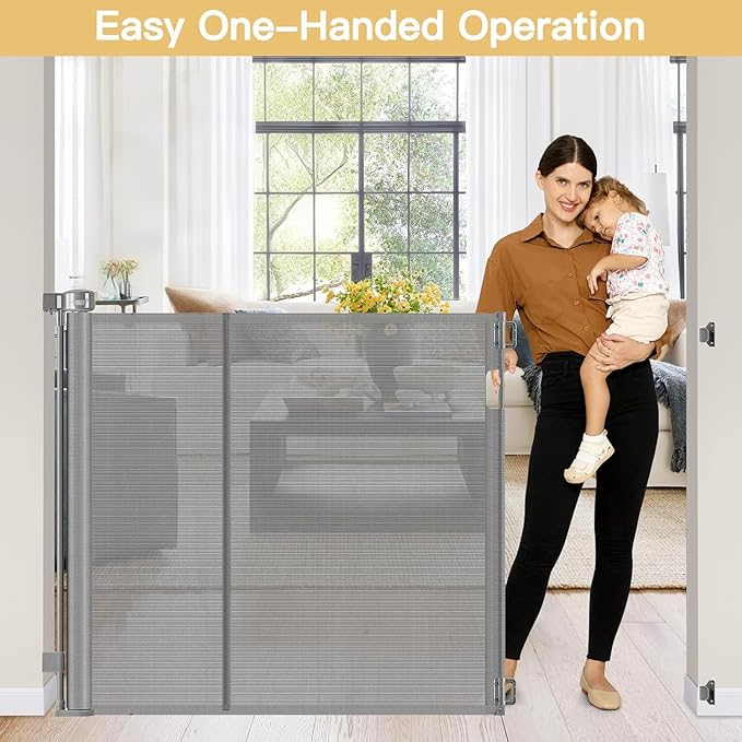 Reinforced 42" Extra Tall Baby Gate 55" Wide Retractable Dog Gate with Support Rods - Bottom Anti-Escape, Extra Tall Pet Gate Indoor Stair Gate Retractable Gates for Dogs Outdoor Gates for Decks, Gray