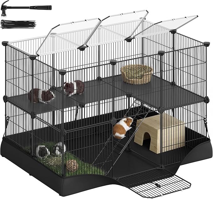 SONGMICS 2-Tier Guinea Pig Cage, Rabbit Cage, Small Animal Playpen with Waterproof Mat, Top and Side Door, 35 Panels, 36.6 x 24.8 x 24.2 Inches, Ink Black ULPI016BH01
