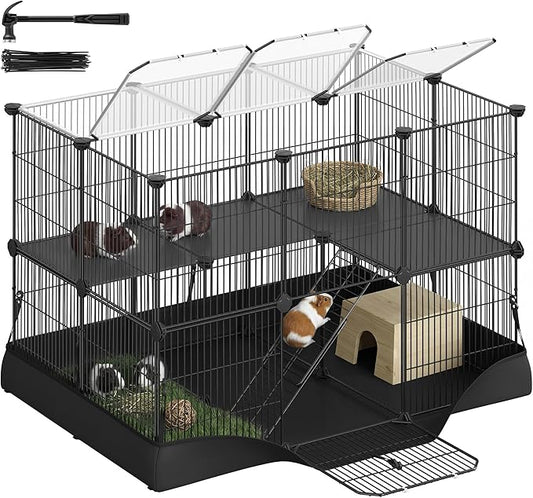 SONGMICS 2-Tier Guinea Pig Cage, Rabbit Cage, Small Animal Playpen with Waterproof Mat, Top and Side Door, 35 Panels, 36.6 x 24.8 x 24.2 Inches, Ink Black ULPI016BH01