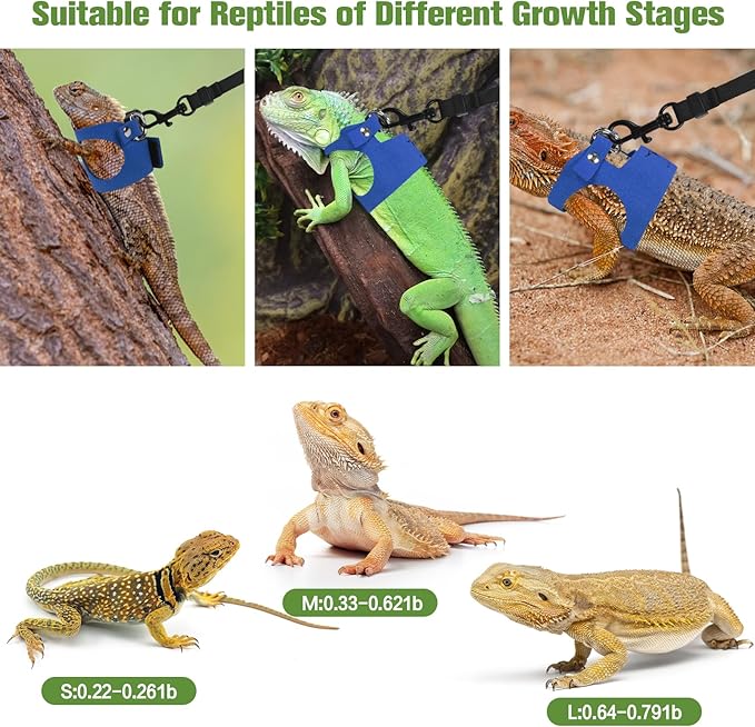 Bearded Dragon Harness Leash Set 3 Size Adjustable Lizards Training Walking Leather Vest Escape-Proof Traction Rope for Outdoor Small Reptiles Animal Squirrels (Blue)