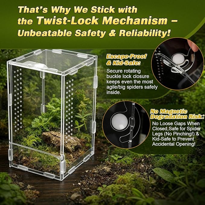 2 Pack Jumping Spider Enclosure Kit Acrylic Reptile Terrariums with Locking Latch, All Side Ventilation, Praying Mantis Habitat, Frog Bug Enclosure, 4.3x4.7x7.87 Inch with Feeding Monitoring Tool