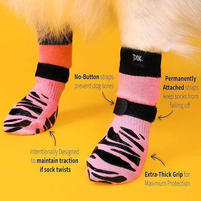 DOK TigerToes Premium Non-Slip Dog Socks for Hardwood Floors - Extra-Thick Grip that Works Even When Twisted - Prevents Licking, Slipping, and Great for Dog Paw Protection (XXL, Sassy Pink)