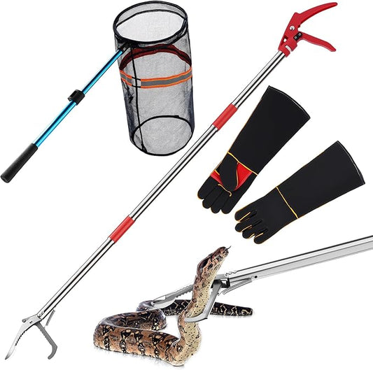 Qualirey Snake Grabber Tool Set, 50" Foldable Snake Tongs and 16"-24" Extendable Catcher Net with Handling Gloves, Professional Reptile Heavy Duty Catcher Wide Jaw Handling Tool