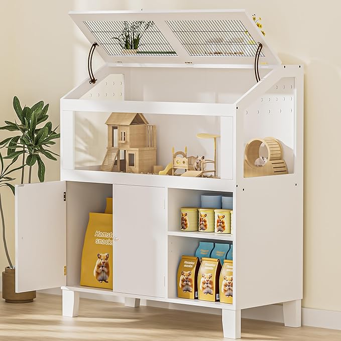 Hamster Cage with Storage Cabinet, Hamster Cage Large, Large Hamster Habitat with Easy View Acrylic Panels, Wooden Small Animal Cages for Guinea Pigs, Rabbits, Gerbils, Hedgehogs, White