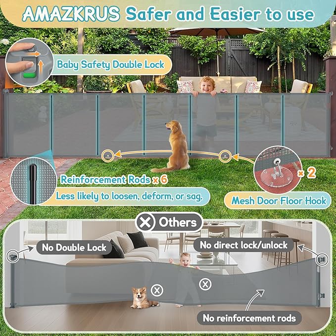 200'' Retractable Baby Gates Extra Wide, 42'' Extra Tall Retractable Dog Gate, 16 FT Grey Indoor/Outdoor Retractable Gate with Reinforcement Rods for Garage, Doorways, Stairs, Decks, Driveway, Patio