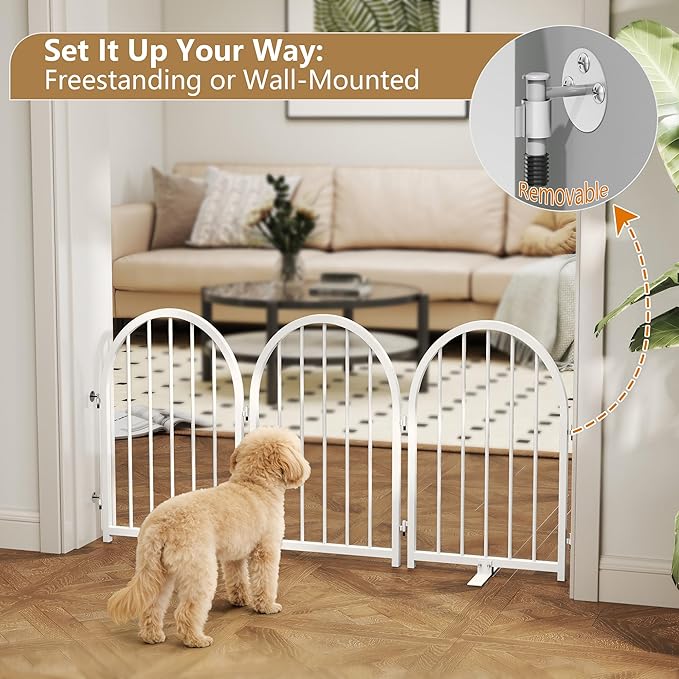 PUPETPO Full Metal Dog Gate for Indoor Outdoor, 24" Tall Free Standing Pet Dog Fence, 36" Wide Arched Pet Gates for Stairs, Hallways, Doorways, Kitchen, Decks, Yards (White, 2 Panels)