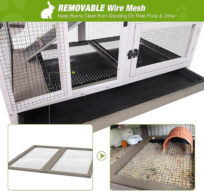 Indoor Outdoor Rabbit Hutch, Bunny Cage on Wheels with 2 Deep No Leakage Pull Out Trays (Mocha Color)