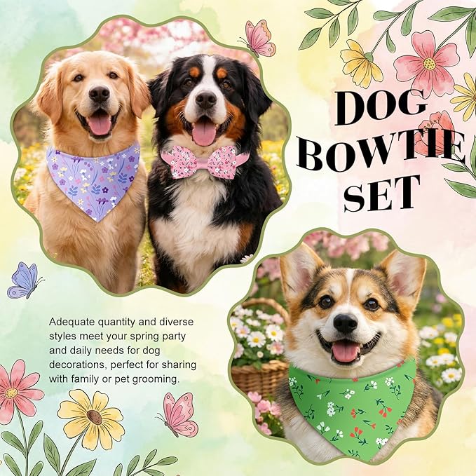 Sanwuta 50 Pcs Spring Dog Bandanas and Collar Bow Ties Set 25 Bandanas Bulk 25 Charm Dog Collar Pet Triangle Pet Scarf Bowtie for Small Medium Large (Spring Fresh)