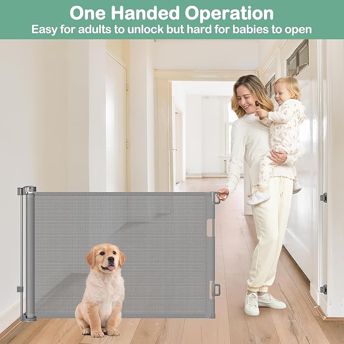 55 Inch Retractable Dog Gate Outdoor Scratch-Resistant Mesh Baby Gate for Stairs Retractable Baby Gates for Doorways Anti-Climb Outdoor Dog Gates for Decks Keep Kid/Pet away from Dangerous Place, Gray