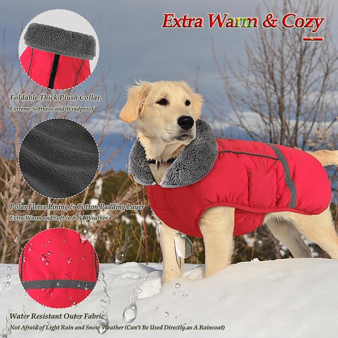 Dogcheer Warm Dog Coat, Fleece Collar Winter Dog Clothes, Reflective Pet Jacket Apparel for Cold Weather, Waterproof Windproof Puppy Snowsuit Vest for Small Medium Large Dogs X-Large