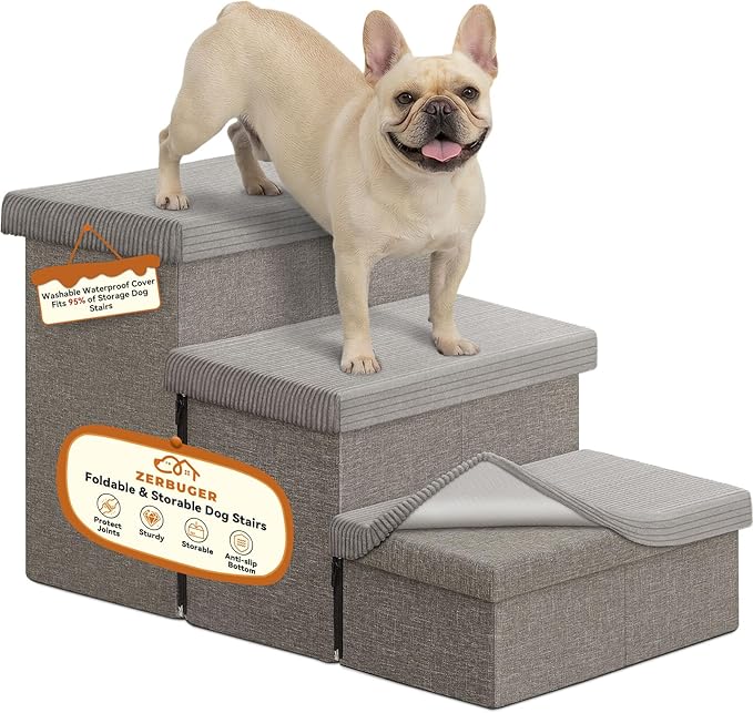 Zerbuger Dog Stairs 23" H, 4-Step Wider Dog Steps for High Beds Window, Folding Storage Pet Stairs Gift for Small/Medium/Large Old Dogs Cats, Ramp for Climbing Car Up to 200 lbs (Gray, with Condo)