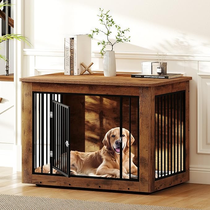 DWVO Dog Crate Furniture, 38 Inch Dog Kennel Indoor Furniture End Table for Dogs, Farmhouse Decorative Wooden Cage, Chew-Resistant, Rustic Brown