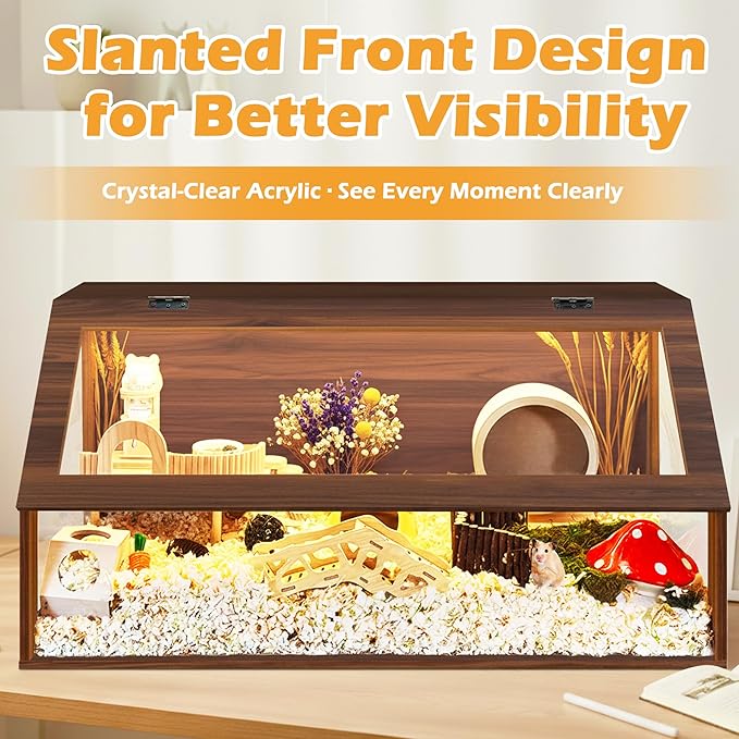 PROLEE Hamster Cage Chewproof, Sloped Mice and Rat Habitat with Clear View, Solid Built with Lockable Design and Openable Top (Walnut)