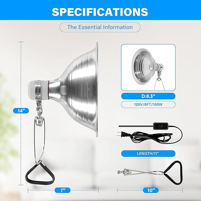 Simple Deluxe 100W Reptile Ceramic Heat Lamp Bulb and 150W Clamp Light with 8.5 Inch Reflector for Amphibian Pet, Silver 2024 Version