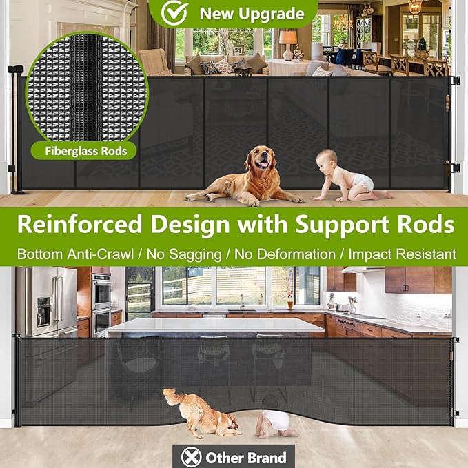 Reinforced 42" Tall x 195" Extra Long Baby Gates for Large Openings, Tall Retractable Baby Gates Extra Wide Dog Gate with Support Rods - Prevent Crawling Under, Indoor/Outdoor Retractable Fence, Black