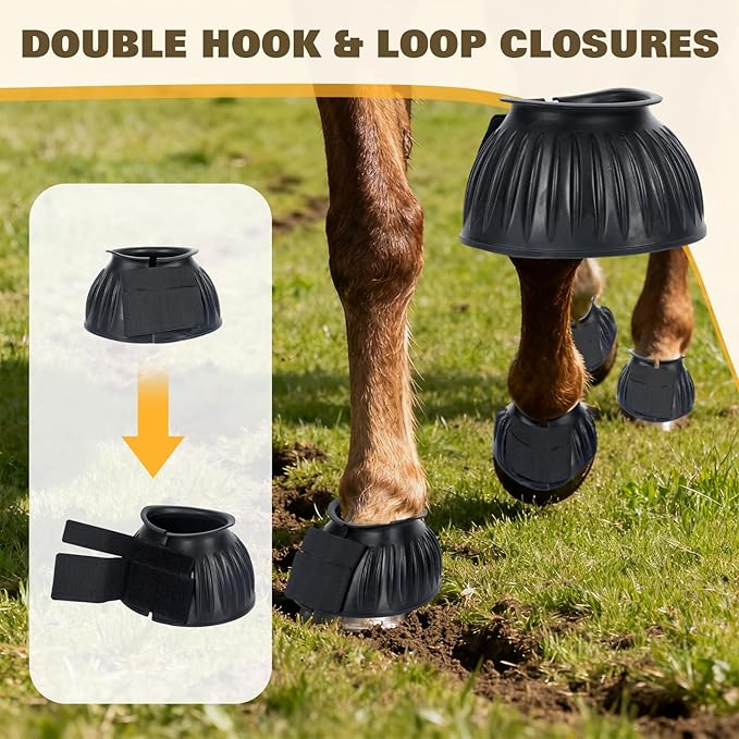 1 Pair Black Bell Boots for Horses, Double Lock Horse Care Boots, Protect Against Hoof Impact Trauma, Rubber Bell Boots Horse Care for Turnout, No Rub Design Comfort Quick Wrap Hook and Loop