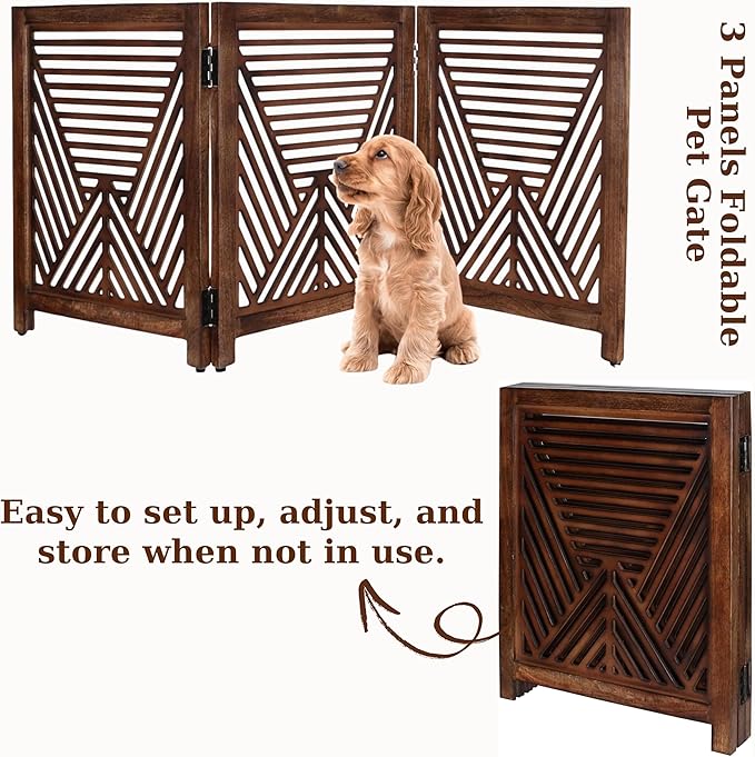 Lightnpro Geometric Wooden Dog Gate - Stylish Freestanding Foldable Indoor Pet Barrier, Extra-Wide Safety Gate for Dogs & Small Pets, Perfect for Stairs & Entryways - 24x54 Inch Natural Burnt Finish