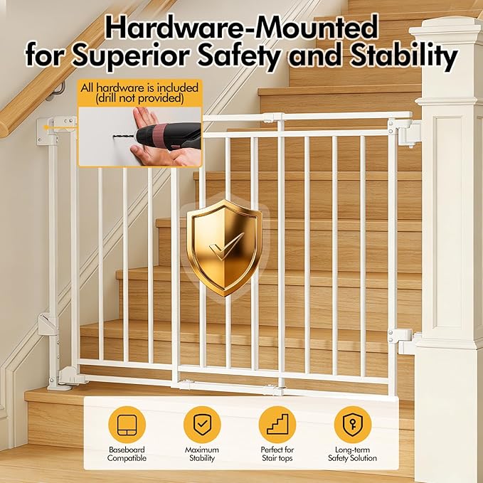 Baby Gate for Stairs Doorways & Kitchen, Extra Wide 32"-54" W x39 H Extra Tall, No Bottom Bar Dog Gate, One-Handed Auto-Close, Hardware Mount Safety Gate for Dogs & Toddlers, White