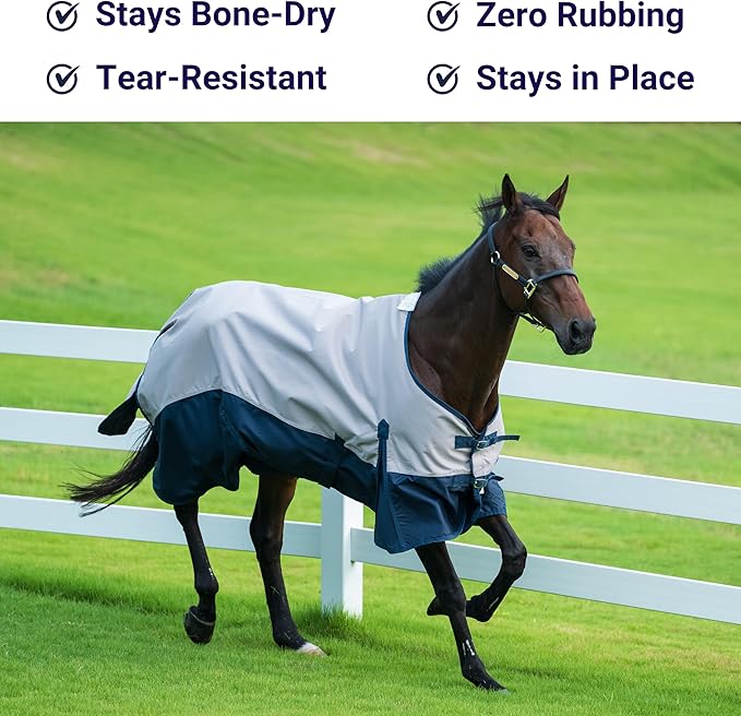 Horse Turnout Rain Sheet | 600 Denier Ripstop Turnout Blanket No Fill (0g) | Waterproof Lightweight Breathable | Tear-Resistant Outer & Rub-Free Silky Inner | Grey/Navy - 72 in