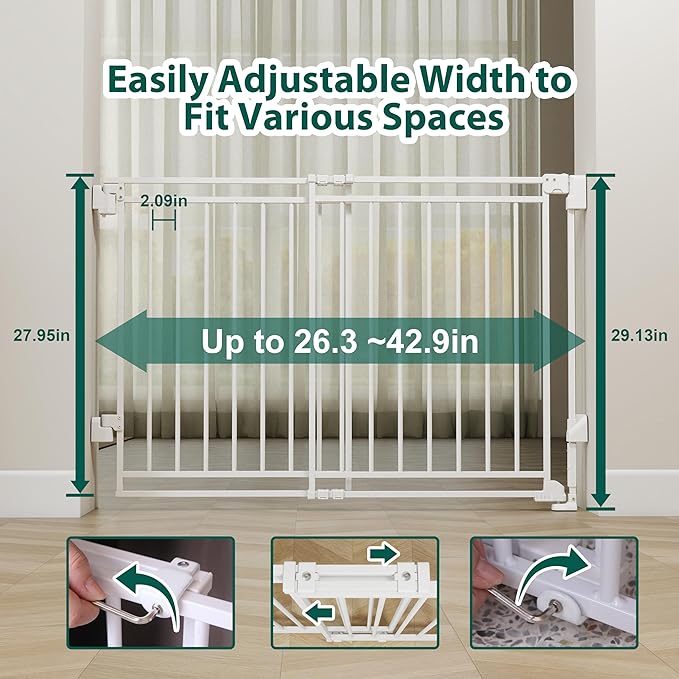Miumoon 29-45" No Bottom Bar Baby Gate for Stairs, 2-in-1 Auto Close Dog Gate Indoor with Large Walk Thru Door, Hardware Mount Pet Gate for Top and Bottom Stairs (White, 26.5-43" W x 29" H)