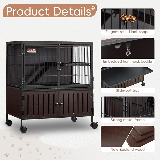 HABUTWAY 36.5''H Metal Large Ferret Cage, Rolling Chinchilla Cage with Removable Ramps& Double Door, with Locker, Small Animal Cage, Rat Indoor Wooden Pet Crate Furniture