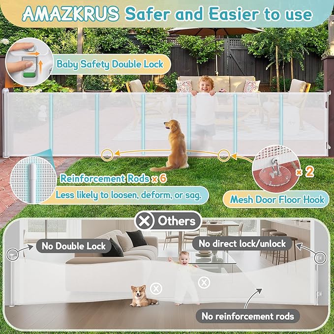 200'' Retractable Baby Gates Extra Wide, 42'' Extra Tall Retractable Dog Gate, 16 FT White Indoor/Outdoor Retractable Gate with Reinforcement Rods for Garage, Doorways, Stairs, Decks, Driveway, Patio