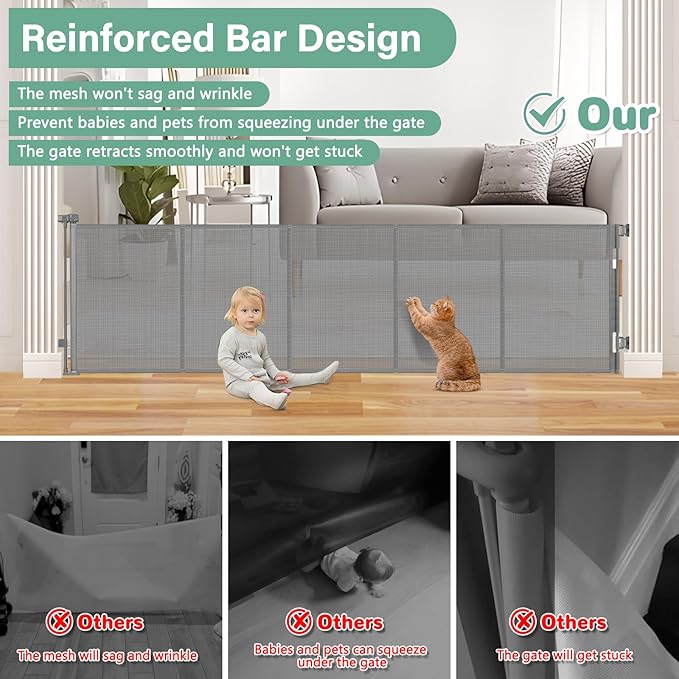 Reinforced 26 Inch Tall Retractable Child Gate to Step Over 95" Wide Small Retractable Baby Gates for Stair Retractable Dog Gate Short Mesh Dog Gate Retractable Toddler Gates for Doorways Doggy Gate