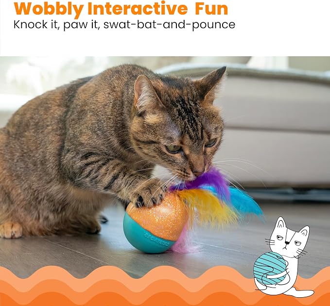 Catstages Whack N' Wobble Ball Intearctive Cat Toy, Weighted Ball with Feathers, Bell, Glitter Fabric & Catnip Oil, Turquoise - Image 2