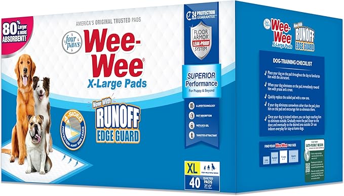Four Paws Wee-Wee Superior Performance Unscented Extra-Large Pee Pads for Dogs & Puppies, Quilted Leak-Proof Dog Housebreaking Potty Training Floor Protection, 28" x 34", 21 Count