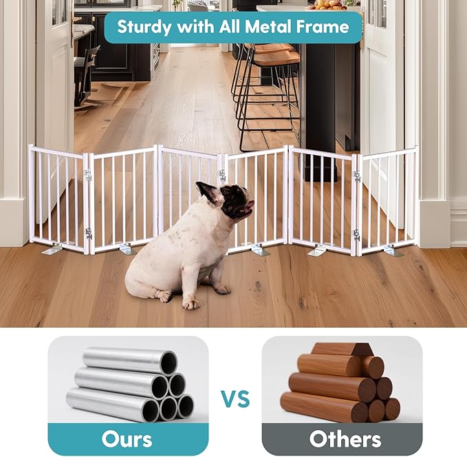 No Pawblems Free Standing Short Dog Gate, 16.5'' Tall Foldable Dog Fence for Indoor & Outdoor, Up to 72 Inch Extra Wide Puppy Gate for Stairs, Hallways, Doorways, Deck, Yard (White, 6 Panels)