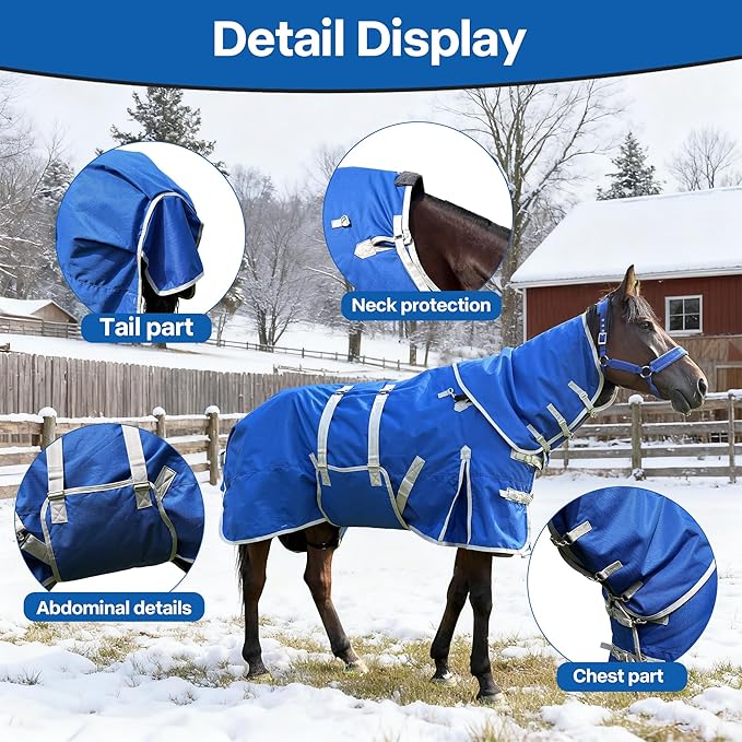 Horse Blanket, 1200D Water Resistant Winter Turnout Blanket, Winter Horse Blanket with Neck Cover and Belly Wrap Medium Weight with 220-Gram Polyester Poly Filling Liner,(145cm-78inch, Blue)