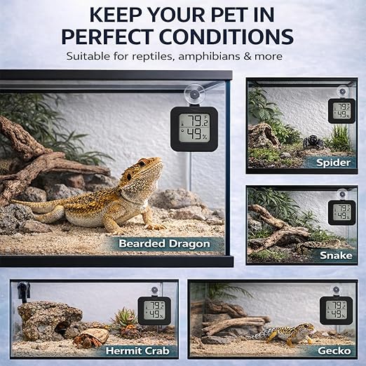 Suction Cup Reptile Thermometer Hygrometer,Large Screen °F/°C Temp&Humidity Gauge for Terrarium Tank Enclosure,Strong Hold,for Gecko,Bearded Dragon,Snake,Tortoise,Hermit Crab,Jumping Spider (1 Black)
