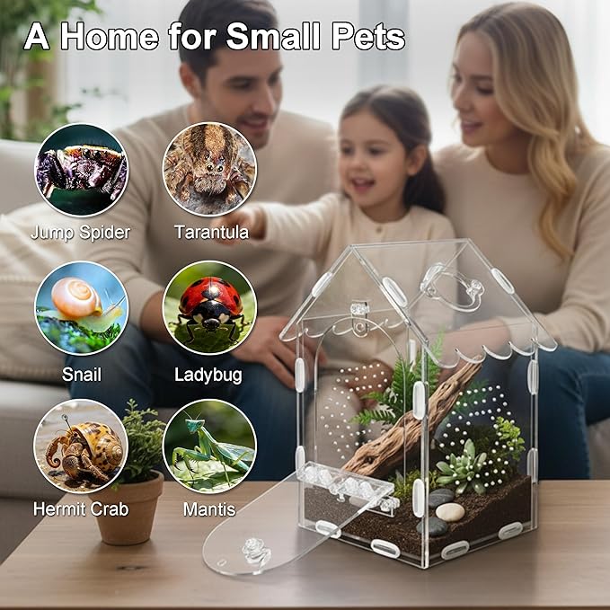 Jumping Spider Enclosure, Front-Opening Acrylic Reptile Terrarium Tank with Magnetic Lock, Clear Reptile Enclosure for Tarantulas, Geckos, Mantises and Tiny Pets(5" L × 5" W × 8" H)