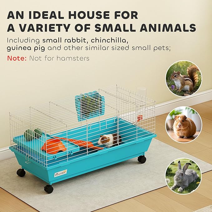 PawHut 35" L Small Animal Cage, Rolling Bunny Cage, Guinea Pig Cage with Food Dish, Water Bottle, Hay Feeder, Platform, Ramp for Chinchilla, Blue
