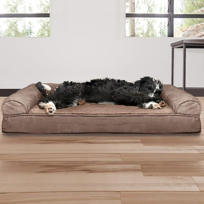 Furhaven Cooling Gel Dog Bed for Large/Medium Dogs w/ Removable Bolsters & Washable Cover, For Dogs Up to 55 lbs - Plush & Suede Sofa - Almondine, Large