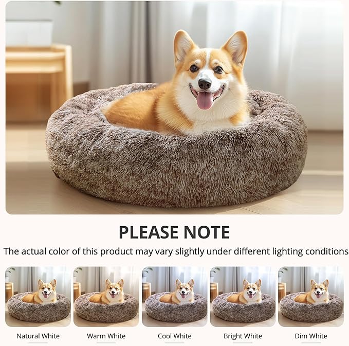 JOLLYVOGUE Calming Dog Beds Large Sized Dog, 36in Donut Washable Large Pet Bed, Anti-Slip & Anti-Anxiety Fluffy Faux Fur Round Dogs Bed, Fits up to 80 lbs Pets (Smoke Brown)