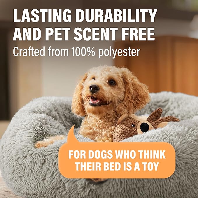 Active Pets Premium Small Donut Dog Bed, Fits Up to 45 lbs, Removable Cover & Washable Cushion, Plush Long Pile Faux Fur Fabric, Portable Light Grey Pet Bed Furniture for Puppies Adult Canines & Cats