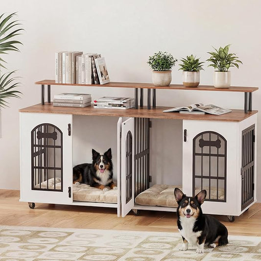 Petrova 63" Dog Crate Furniture for 2 Dogs, Heavy Duty Indoor Dog Kennel for Medium/Large Dogs, Wooden Dog Cage with Removable Divider, 6 Lockable Wheels, Storage Compartment, White