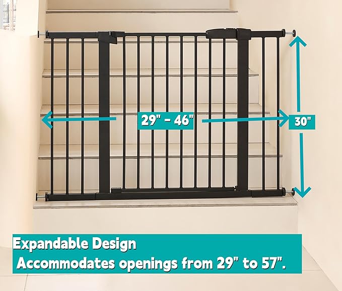 44.72"-46.89" Baby and Pet Safety Gate, 30" Tall Metal Walk-Thru Gate for Doorways & Stairs, Easy One-Hand Open, Dual Lock, Extensions & Wall Mounts Included (Black, 29"-46" W x 30.5“H)
