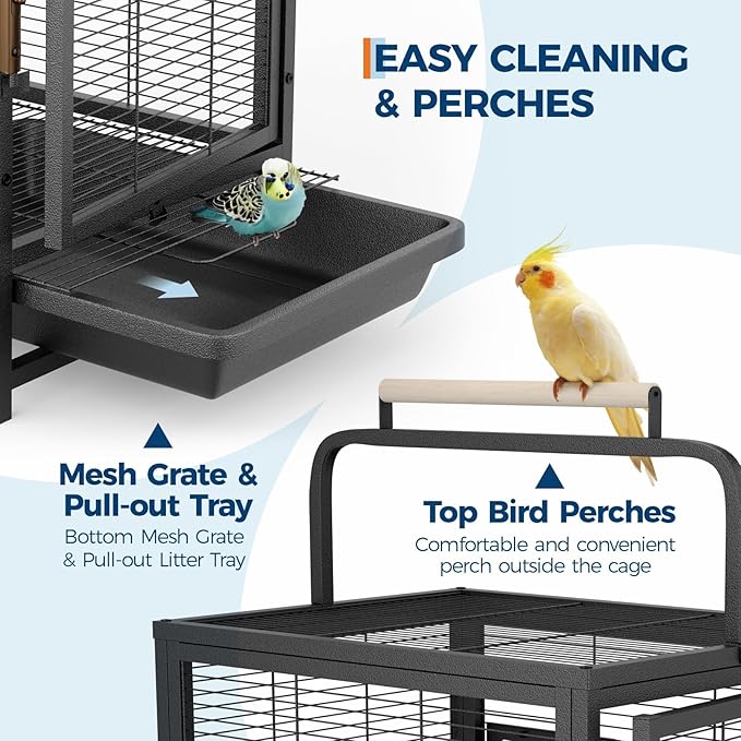 19-Inch Wrought Iron Bird Cage, Travel Carrier for Small Birds, Parrot Cage with Removable Tray & Wooden Perch, Ideal for Parakeets, Cockatiels, Lovebirds, Conures, Budgies, Canaries, Pigeons