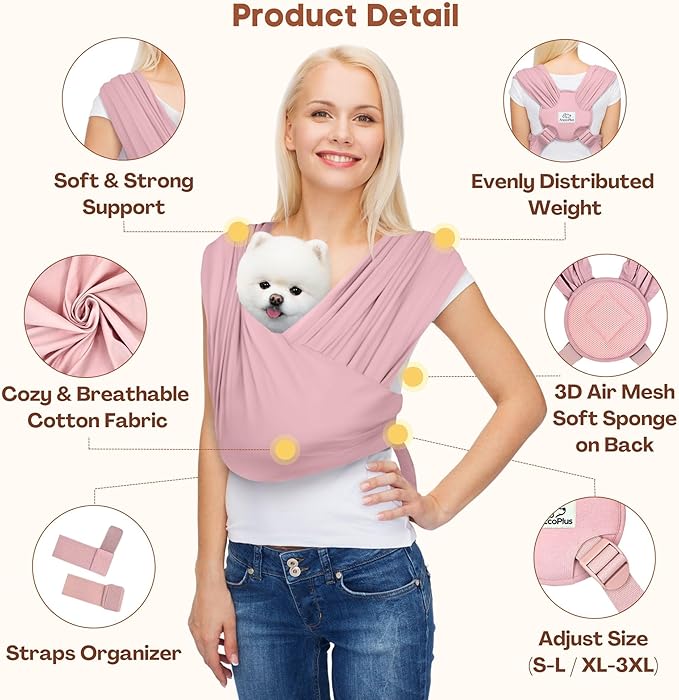 AnccoPlus Dog Carriers for Small Dogs, Front Facing Dog Sling Carrier, Hands Free Cat Carrier, Size Adjustable, Reducing Back Pain, Premium Cotton, Safe and Soft Dog Carrier (Plus, Light Pink)