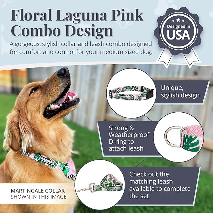 Lucky Love Dog, Tropical Matching Dog Collar & Leash Set, Soft & Comfy, Vivid Pink Color Collar and Leash for Female Male Dogs - (Medium, Laguna Combo)