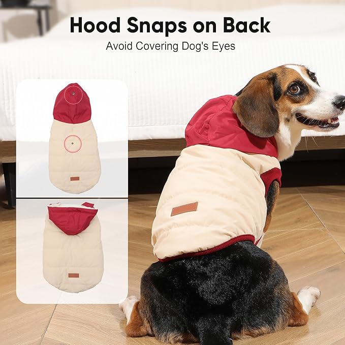 Vecomfy Fleece Lining Extra Warm Dog Hoodie in Winter for Small Dogs Jacket Puppy Coats with Hooded,Beige and Red M
