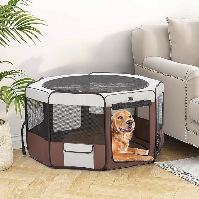 DONORO Dog Playpen 46" Portable Pet Play Pens for Small Medium Dogs, Foldable Exercise Kennel Tent Crate Indoor/Outdoor Travel Camping, Removable Top/Bottom (Brown, Large (46"x46"x23"), 8)