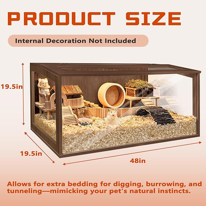 PROLEE Hamster Cage with Chewproof Wood Top, Guinea Pig Cages, Hamster Habitat with Clear Acrylic Sheets Solid Built, Small Animal Cage (Walnut, 48X19.5X19.5 inch)