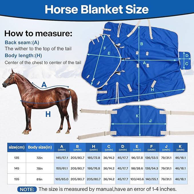 Horse Blanket, 1200D Water Resistant Winter Turnout Blanket, Winter Horse Blanket with Neck Cover and Belly Wrap Medium Weight with 220-Gram Polyester Poly Filling Liner,(155cm-81inch, Blue)